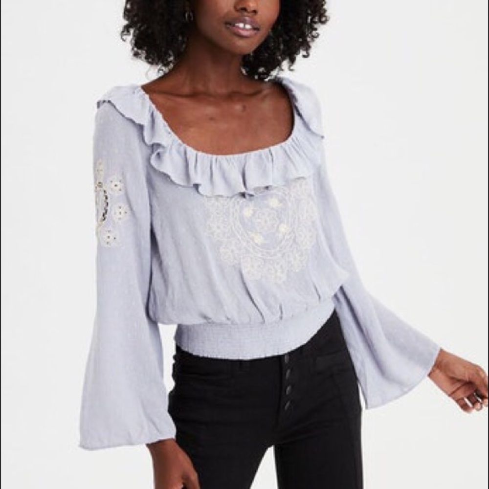 NWT AE RUFFLE NECK Lavender long sleeve BLOUSE